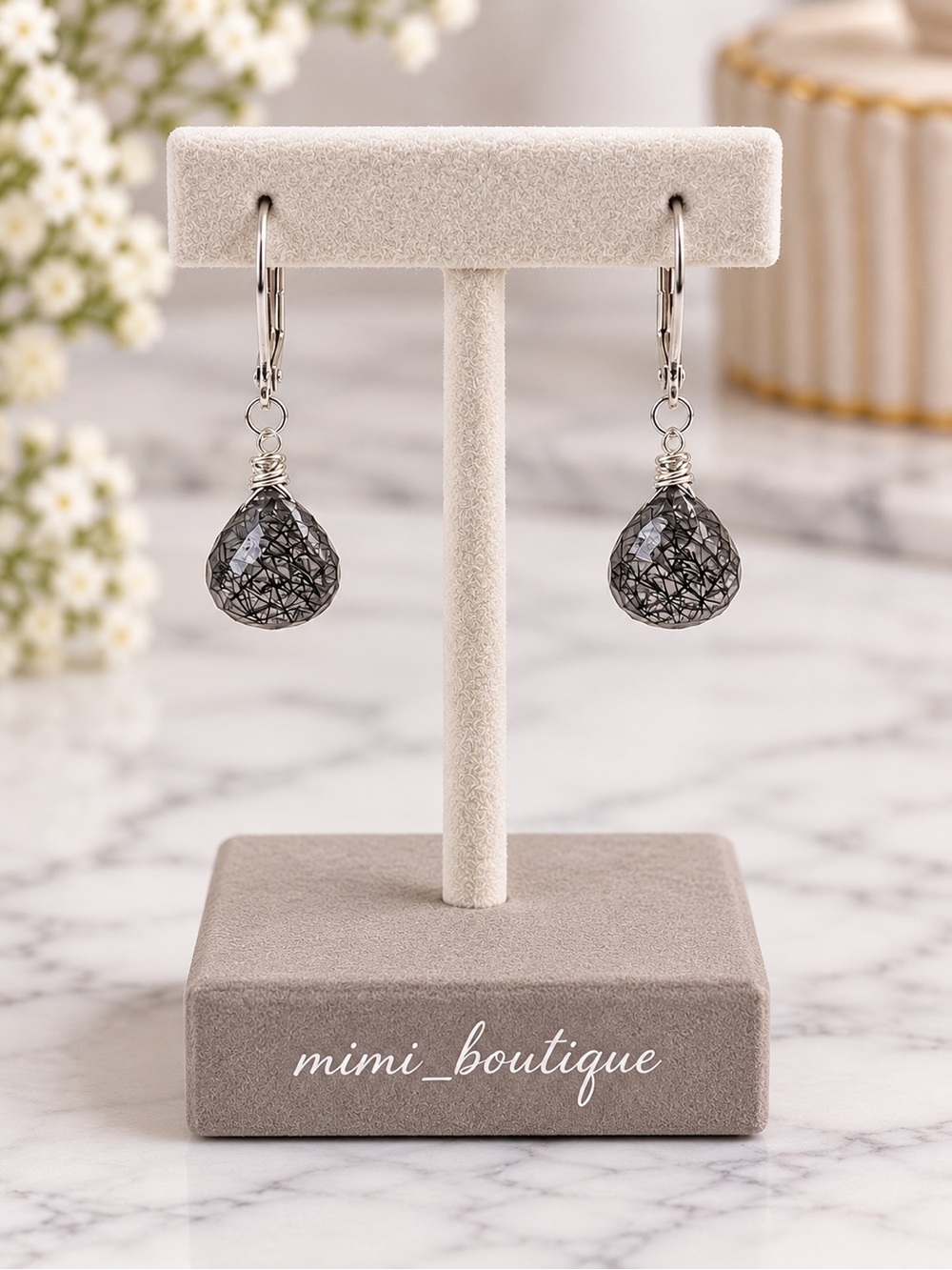 Black Rutilated Quartz Briolette Earrings